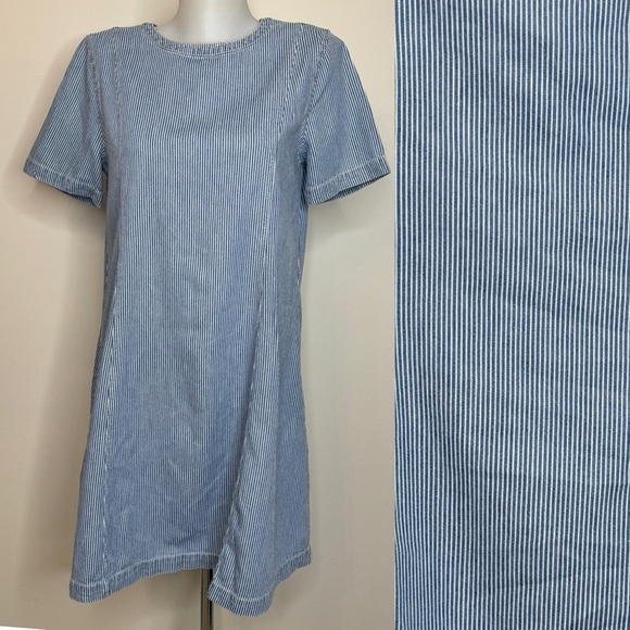 Caslon Dress Chambray Blue White Striped A Line Pockets Rodeo Boho Relaxed Sz S - Picture 1 of 16